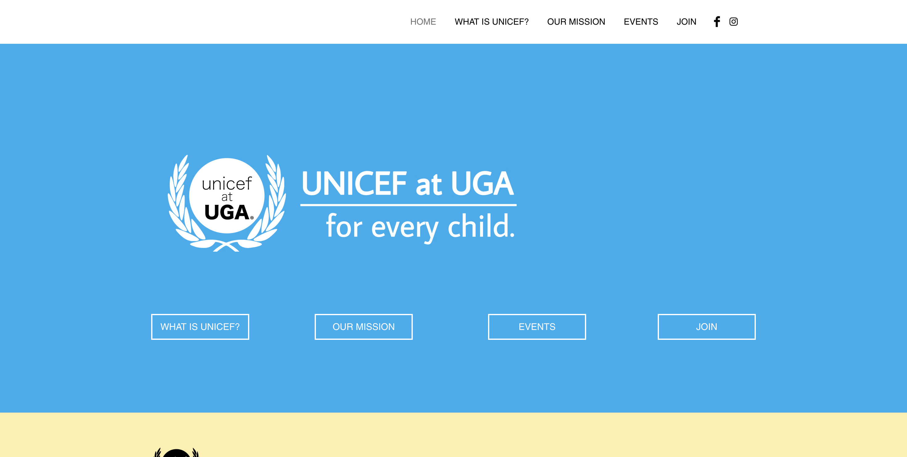 The old UNICEF at UGA home page: a blue hero with the logo and four separate navigation buttons.